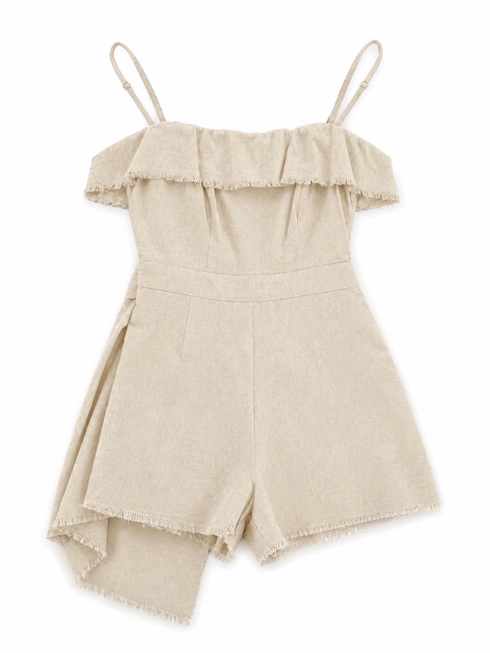🤍 Princess Polly Cream Linen-Look Ruffle Romper